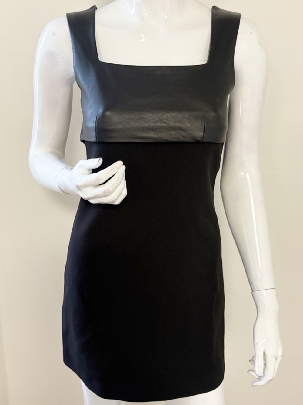 The Kooples Black Square Neck Vegan Faux Leather Top Panel Mini Dress Size 0